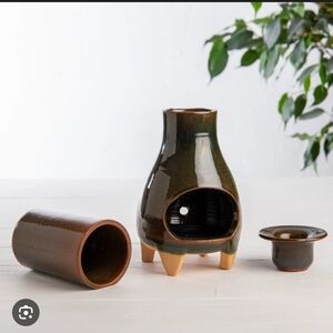 Glazed Ceramic Incense Burner in Olive Green and Brown New